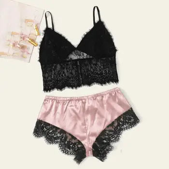 

2pcs Womens Lace Pajama Set Women Sleepwear Sleeveless Strap Nightwear Lace Trim Satin Cami Top Pajama Sets