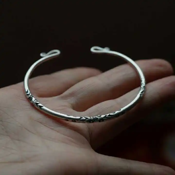 

DB2261 Handmade Sterling Silver Bracelet open carved round Bracelet restoring ancient national classical temperament Bracelet