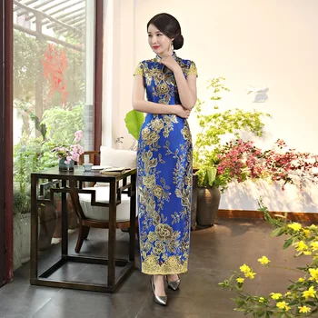 

5XL Chinese Style Vintage Female Long Qipao Blue Mandarin Collar Elegant Dress Vestidos Sexy Slim Stage Show Cheongsam