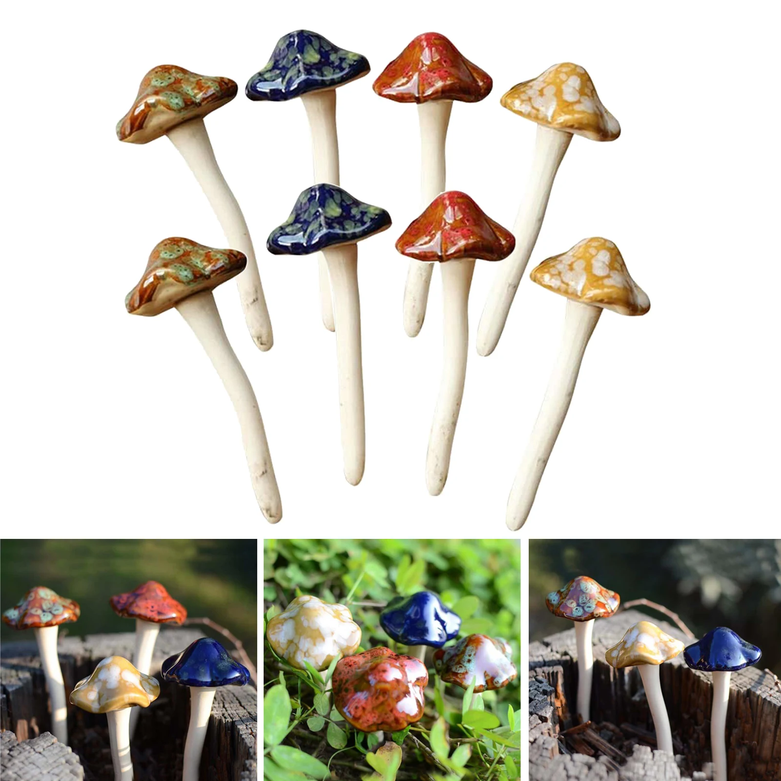 Garden Decor, 8pcs Colorful Ceramic Mushroom for Garden, Yard, Fairy Garden - Lawn Ornament Decor, Pottery Ornament