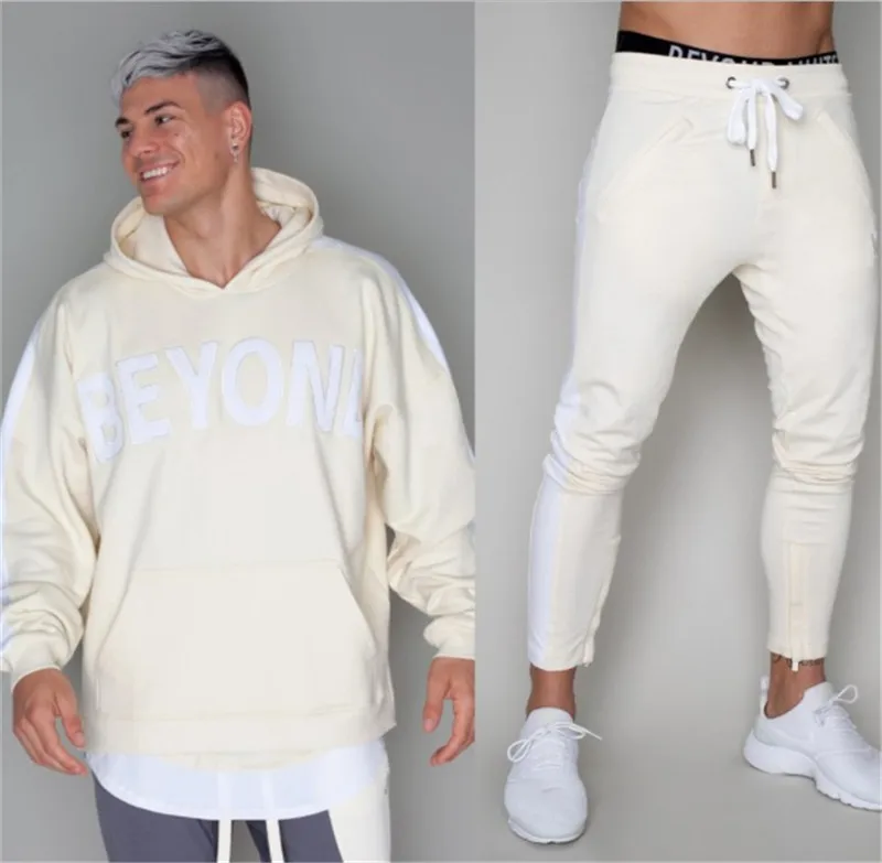 beige Новинка, мужские спортивные костюмы с принтом, спортивные костюмы, мужские толстовки+ штаны, мужские спортивные костюмы, большие размеры, M-2XL - Цвет: beige