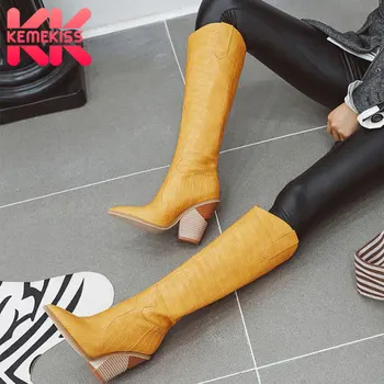 

KemeKiss Plus Size 34-48 Women Knee High Boots Fashion Stone Print Sexy Pointed Toe Cowgirl Shoes Women High Heels Winter Boots