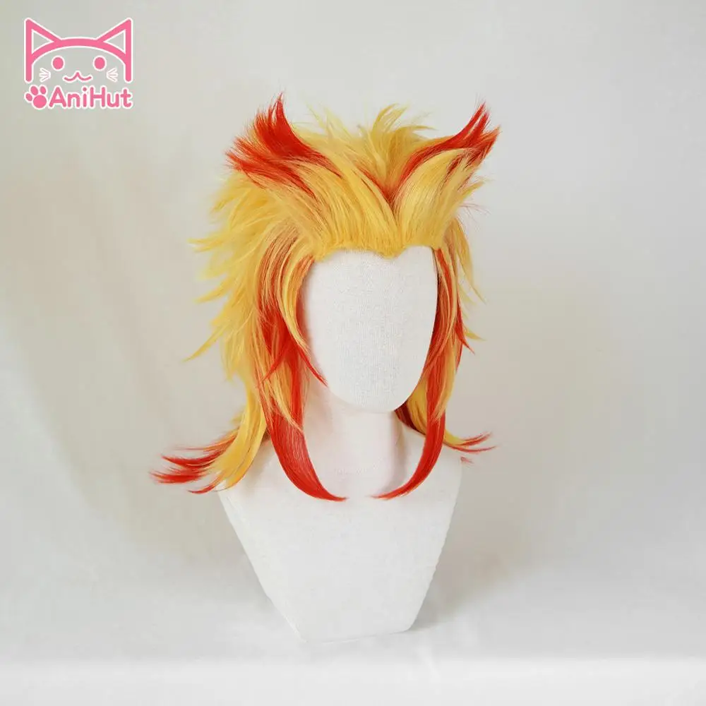 Online AniHut Rengoku Kyoujuro peluca Kimetsu no Yaiba demonio Matador Cosplay sintético resistente al calor pelo Rengoku Kyoujurou Cosplay