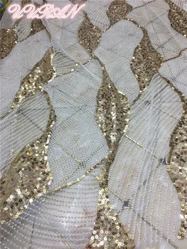 

White Gold Beading Sequins French Net Fabric Wedding/evening Dress Lace Fabric