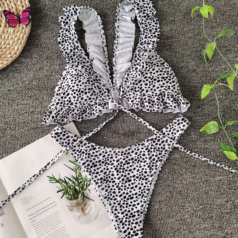 Женский комплект бикини с принтом в виде черных волн бандажный из двух предметов