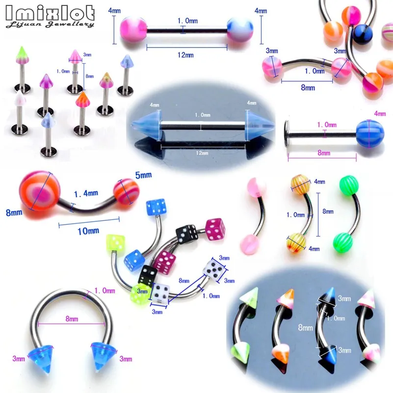 Body Piercing Jewelry 50/100PCS Mixed Acrylic Surgical Steel Nose Ring Tongue Bar Navel Eyebrow Lip Labret Piercing Set