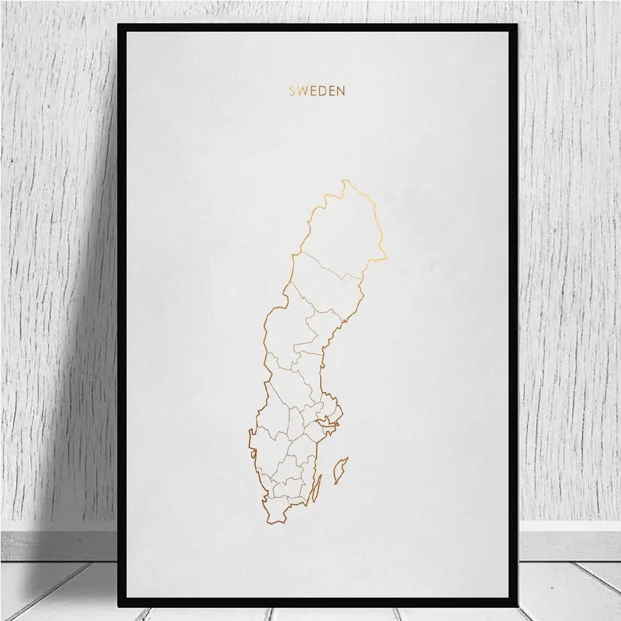 Golden Line White Sweden Map Canvas Wall Art Print Modern Poster Pictures Living Room Decor | Дом и сад