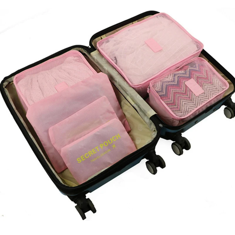 6 шт./компл. путешествия Чемодан сумка для хранения Чемодан упаковочный комплект Портативный Водонепроницаемый одежда багажа куб Чехлы Организатор мешок в мешок - Цвет: Pink