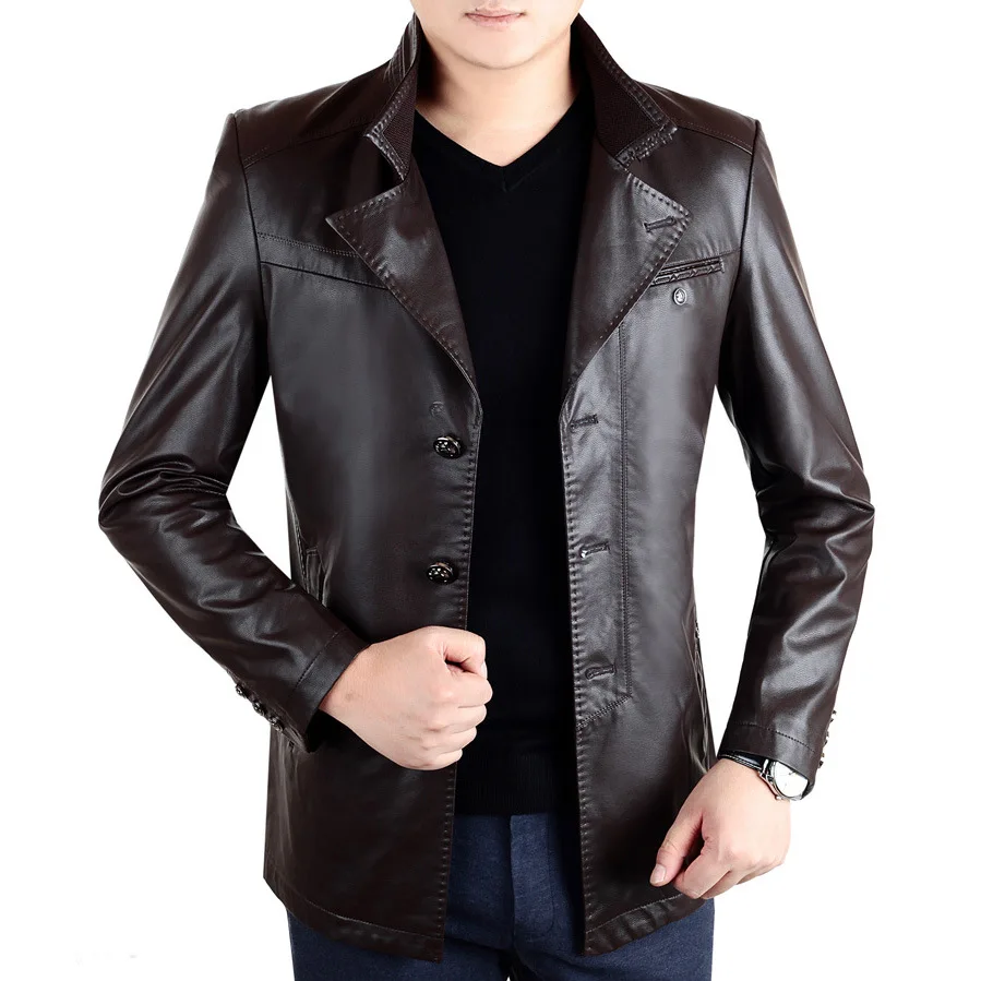 

Leather Coat Men's 2018 New Style Middle-aged MEN'S Leather Jacket Winter Coat plus Velvet Fur Suit Collar Casual Men'S Wear