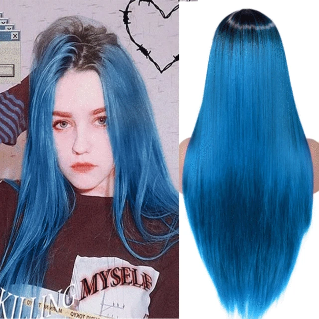 Wignee Long Natural Straight Wig Blonde Middle Part Cosplay Party Lolita Synthetic Wigs for Women Heat Resistant Fiber 1B Blue
