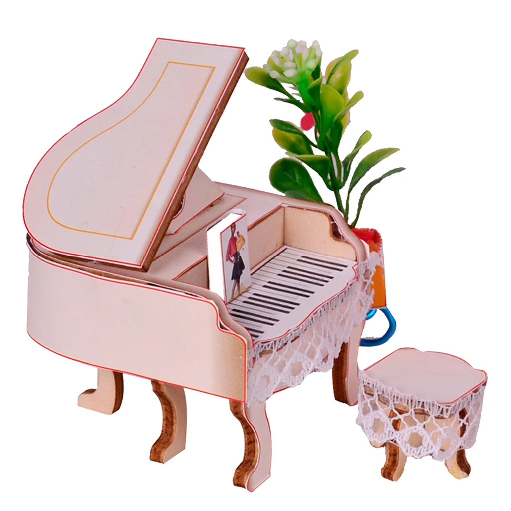 Dollhouse Musical Instruments Model, Piano with Stool Set, 1/24 Scale Dolls House Musical Room Furnishings
