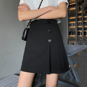 

2020 Summer Women's New Solid Color Black All-match Slim Temperament Single-Breasted A- Line Skirt Skirt Tide
