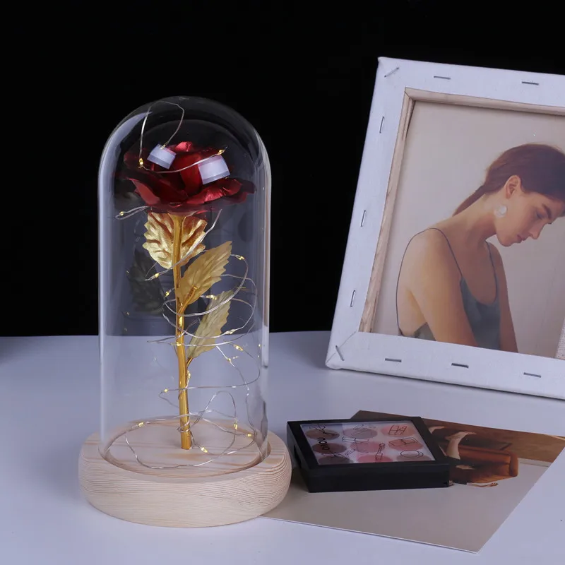 1PC Artificial Red Rose In A Glass Dome On A Wooden Base For Valentine's Gifts LED Rose Lamps Party Decoration Christmas Gitfs