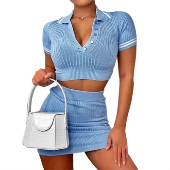 

YICIYA Knitting Ribbed Fashion Women Two Piece Sets Short Sleeve Casual Bodycon Outfits Button Crop Top And Skirt Co-ord Set