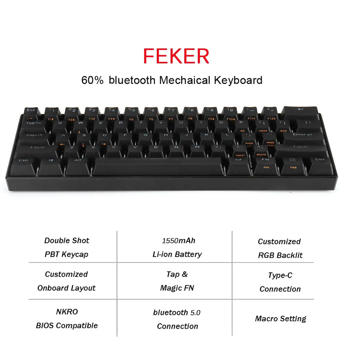 60% NKRO механическая клавиатура bluetooth 5,0 type-C RGB Cherry MX Switch PBT Double Shot Keycap 61 клавиша Механическая игровая клавиатура