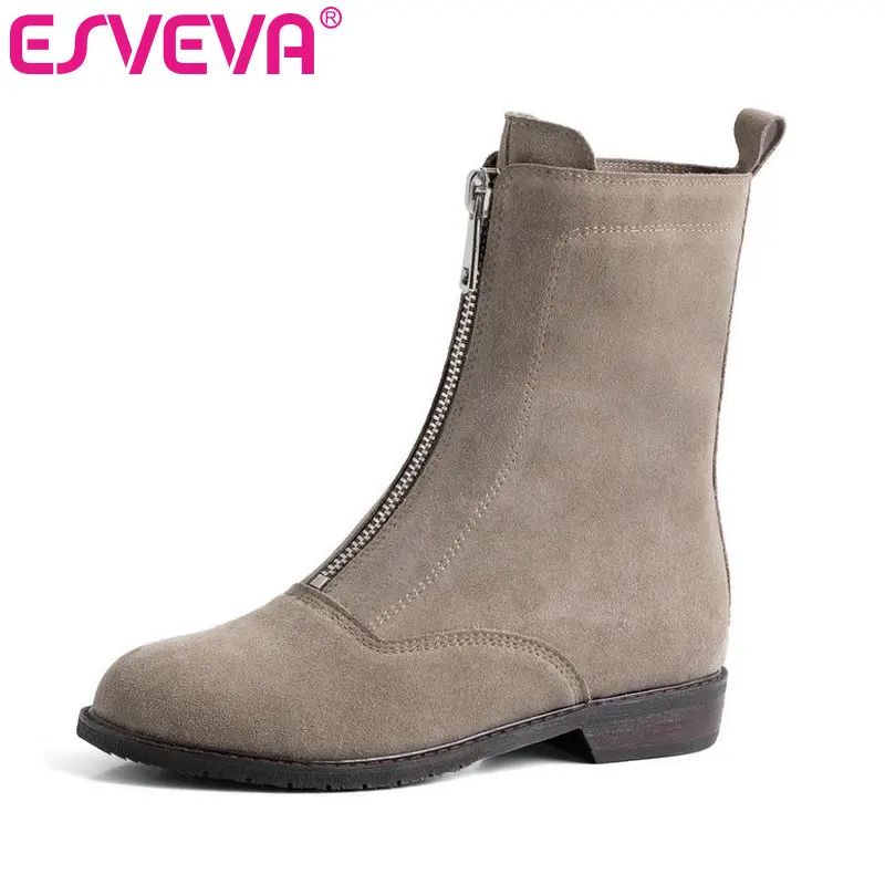 

ESVEVA 2020 Women Shoes Winter Ankle Boots Round Toe PU + Genuine Leather Zipper Square Med Heel Fashion Boot Size 34-39