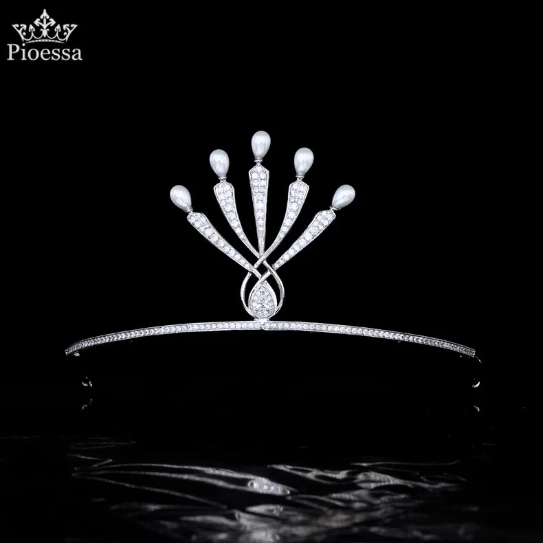 

Pioessa Russian simple pearl headdress portrait personality zircon wedding crown wedding hair ornament birthday princess crown