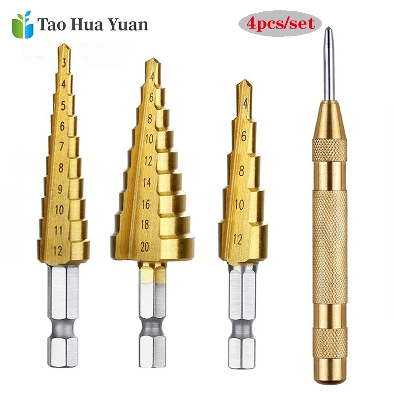 4pcs HSS Titanium Step Drill Bit 3-20mm Step Cone Cutt Tools Metal Drill Bit Woodworking Wood Conbination Tool Set With Punch AA