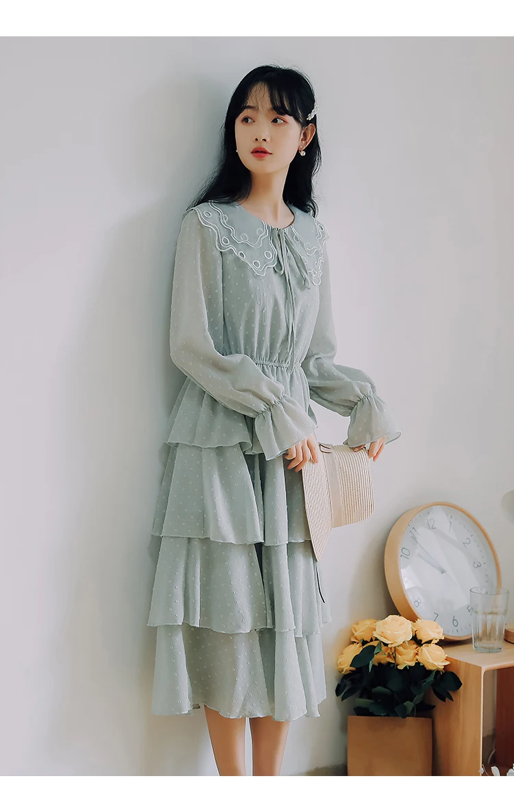 Абрикосовое, Зеленое Шифоновое Платье в японском стиле Mori Girl Ретро Vestidos женские кукольный воротник с длинными рукавами элегантные платья S M L