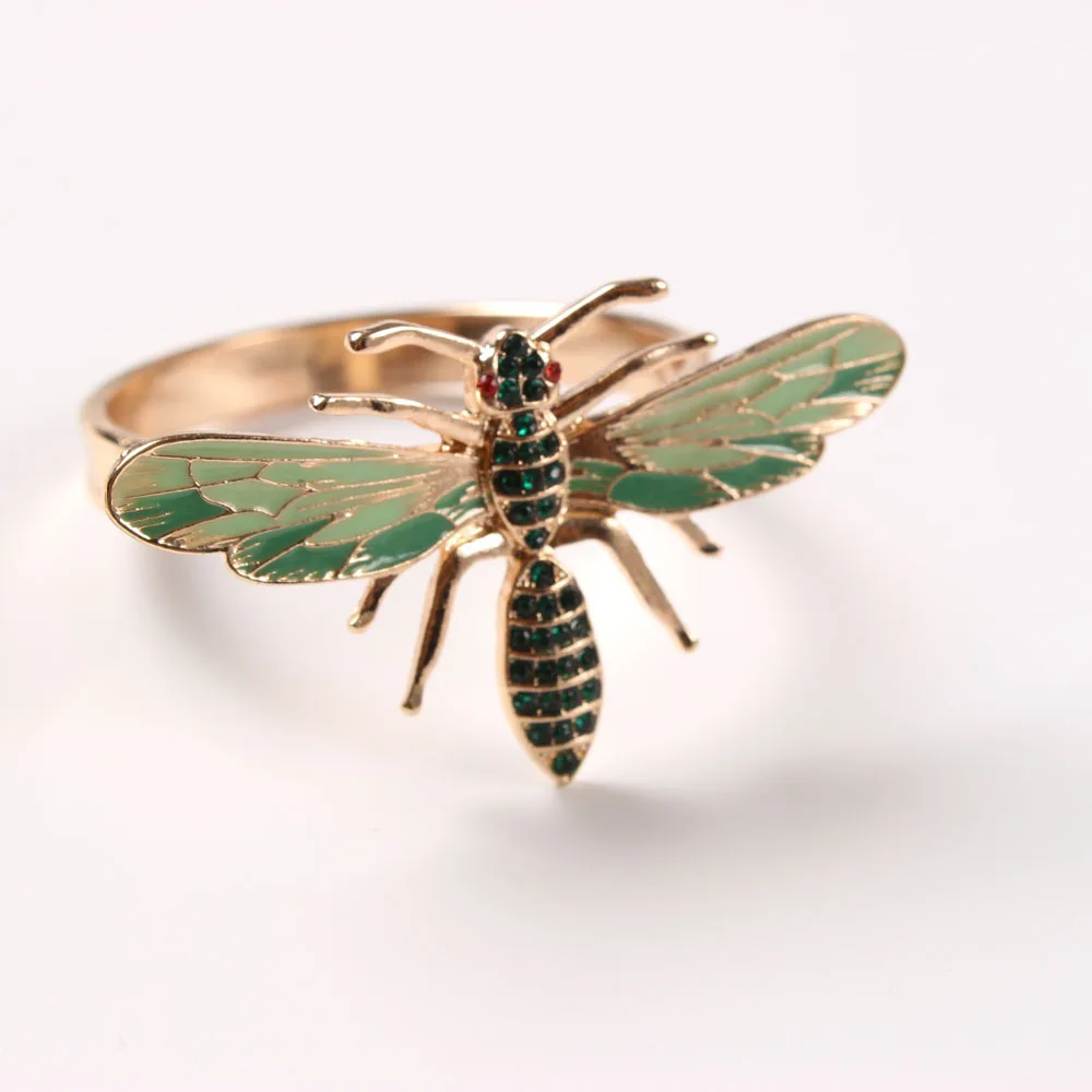 6pcs The new Bee napkin buckle ring alloy green insect dragonfly drip diamond paper towels | Дом и сад