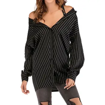 

Female's Autumn Fashion New Personality Black Strap Vertical Stripe Off Shoulder Long Sleeve Black One Size Blouse New