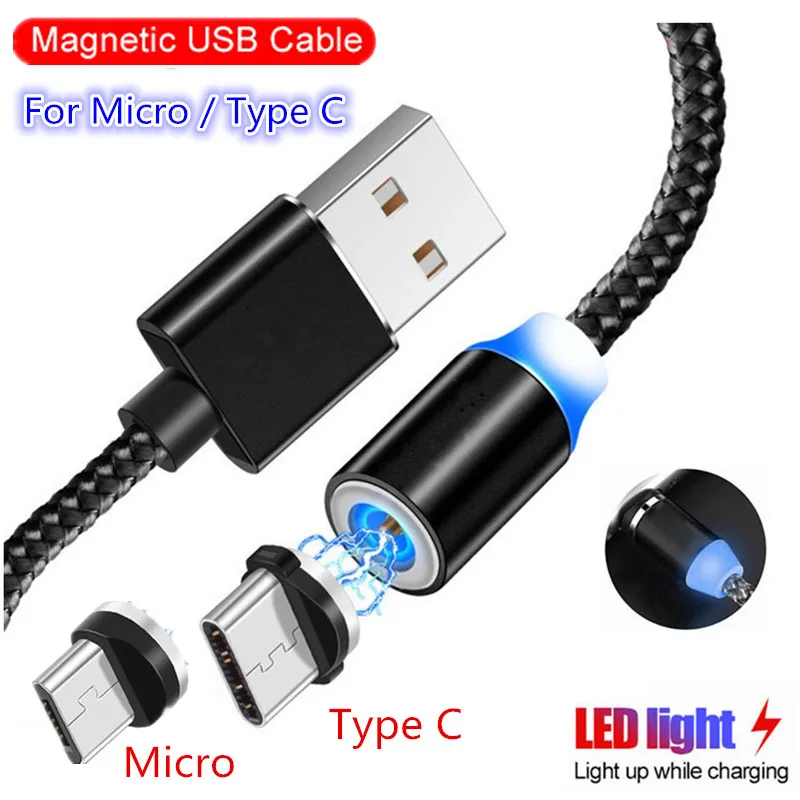 Микро-1м Тип usb C светодиодный магнитный кабель для huawei honor 7a 7c 6c pto 7x 8x 9x 8a 8c v20 v10 v9 10i