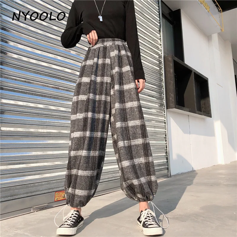 NYOOLO Vintage Streetwear high waist plaid woolen pants Autumn winter loose elastic waist ankle length wide leg pants women