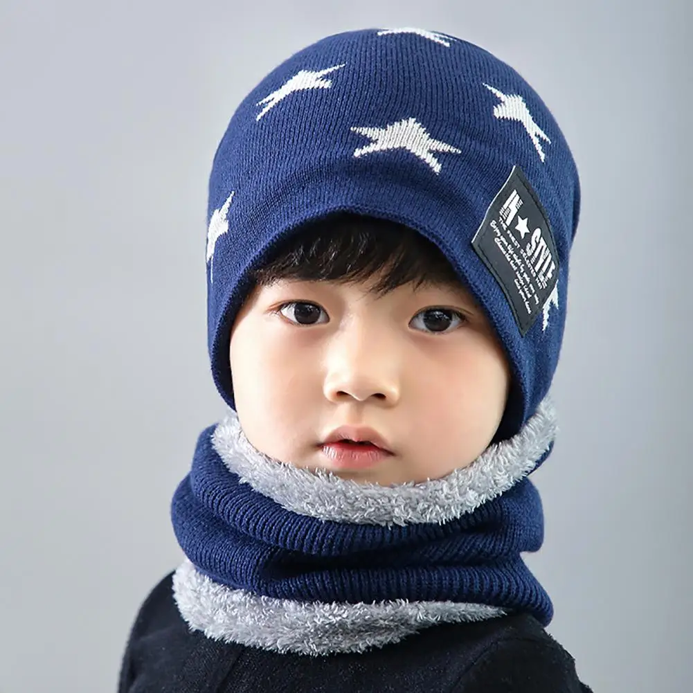 2 шт зимняя Милая пятиконечная звезда шаблон Утолщаются теплая вязаная шапка набор шейных платков для детей - Цвет: Navy