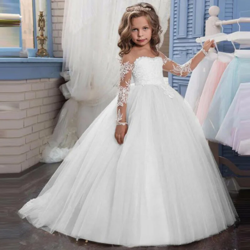 Модный костюм для девочек из мягкого тюля с длинными рукавами и шлейфом; детское вечернее платье; милое платье принцессы; платье-пачка для маленькой невесты - Цвет: Белый