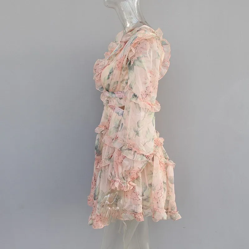 

Women Ruffles Floral Print Mini Dress Sexy V-Neck Long Sleeve Lace Up Backless Dress High Street A-Line Party Chiffon Dress