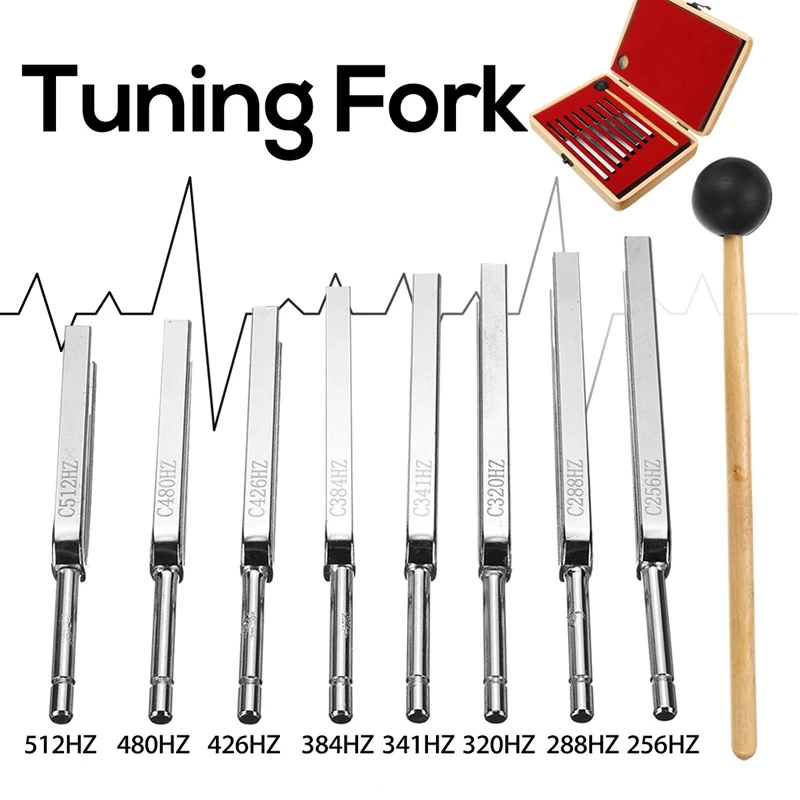 8Pcs 256-512HZ Steel Tuning Fork Set Health Physics Vibration Medical Diagnostic+ Mallet Vibration Therapy Medical Tools