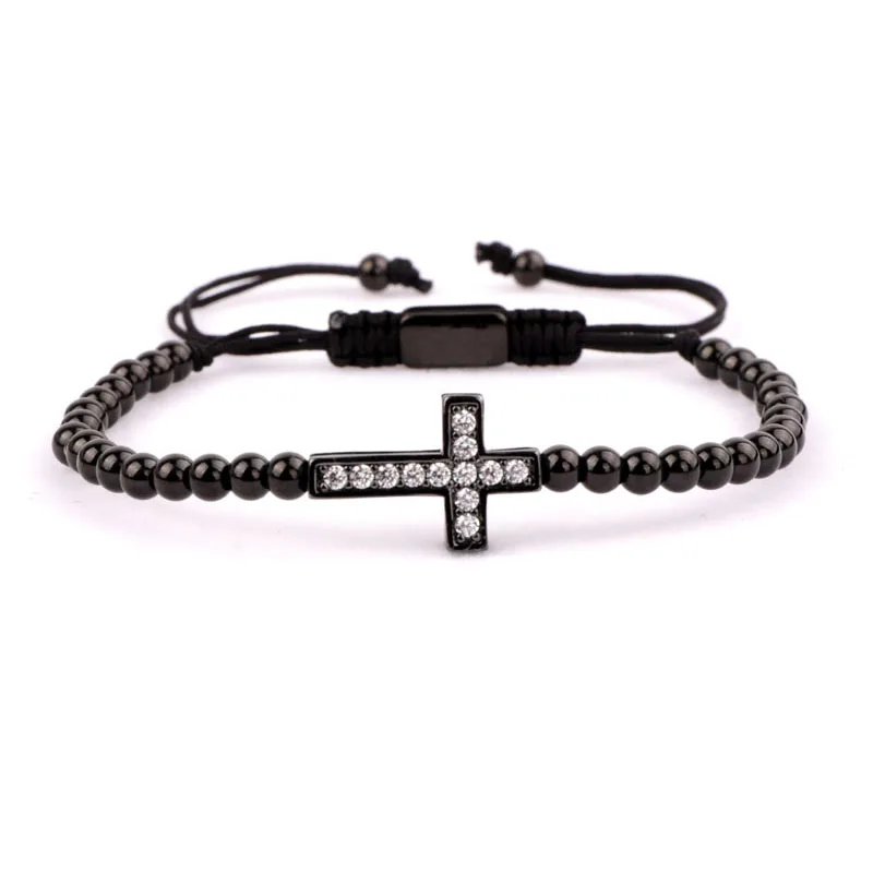 Fashion classic design small stainless steel beads CZ cross charm braided adjustable bracelet - Image 3