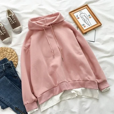 Розовый 8 цветов, осень и зима, консервативный стиль, женские толстовки с капюшоном, длинный рукав, имитация двух частей, Женская Толстовка s(F3582 - Цвет: Розовый