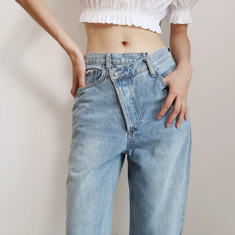 Women Asymmetric Fly Jeans With Button 