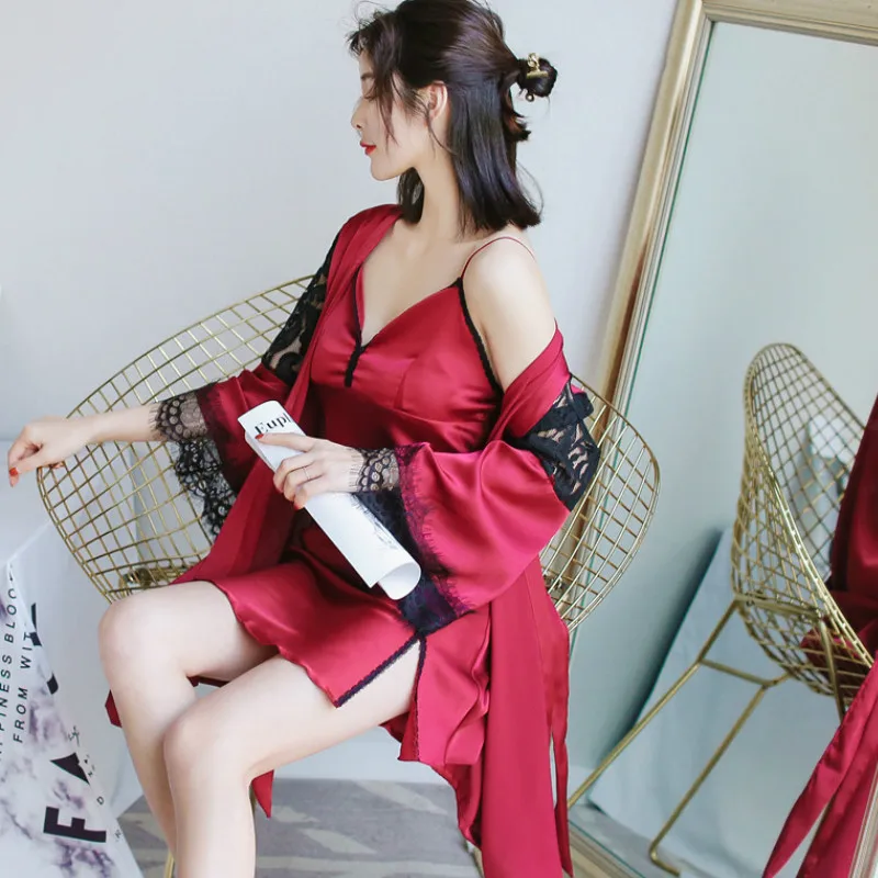

SIMISI Silk Women's Nightgown Set Three Quarter Solid Lace Sexy Bathrobe with Chest Pad 2pcs Sleepwear Robe Sets Home Clothes