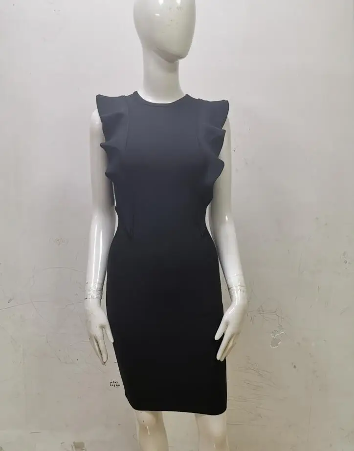 Летнее стильное сексуальное черное бежевое платье в обтяжку с круглым вырезом и оборками, дизайнерское модное праздничное платье, Vestido - Цвет: Черный