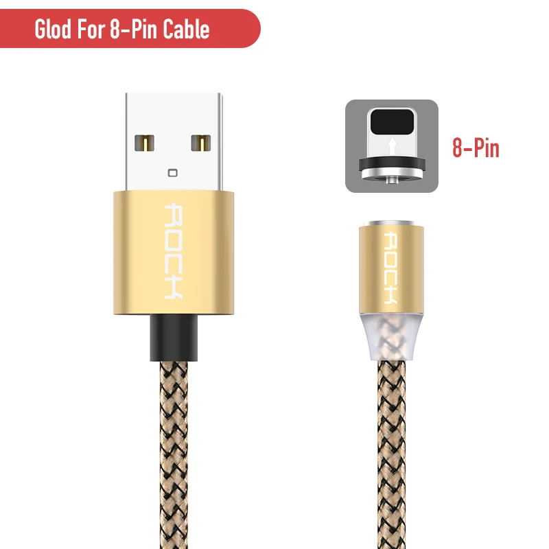 Gold For iPhone Магнитный кабель ROCK для быстрой зарядки с разъемом type-C Micro Usb для быстрой зарядки Usb C светодиодный светильник для iPhone Xiaomi huawei Phone 1 м магнитное зарядное устройство - Цвет: Gold For iPhone
