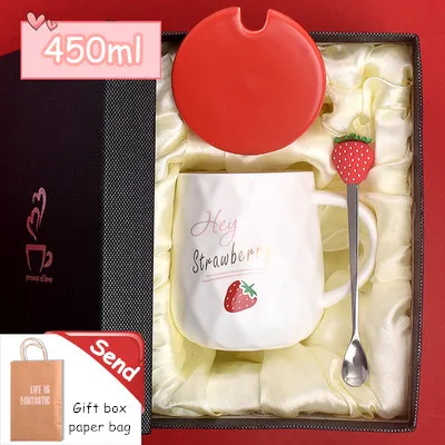 Strawberry Mug Creative Personality Trend Girl Ceramic Mugs with Lid Spoon Household Water Cup Breakfast Oatmeal Coffee Milk Mug - Цвет: Gift Box 2