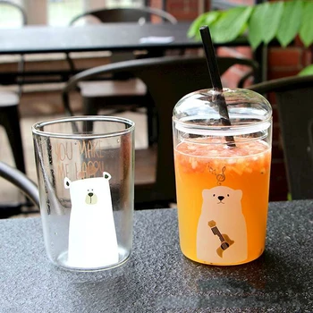 

300ML Cute Cartoon Bear Straw Mug Creative Heat-resistant Straw Cup with Straws Prom Cold Drink Juice Cup Student Milk Tea Mugs