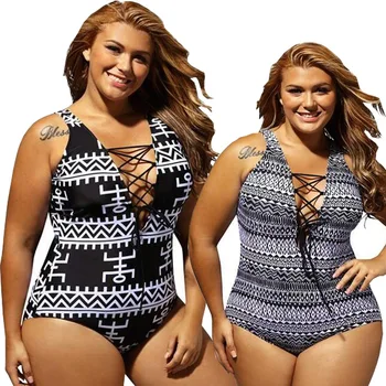 

Add fertilizer and enlarge one-piece triangle swimsuit lace-up printing fat woman swimsuit female