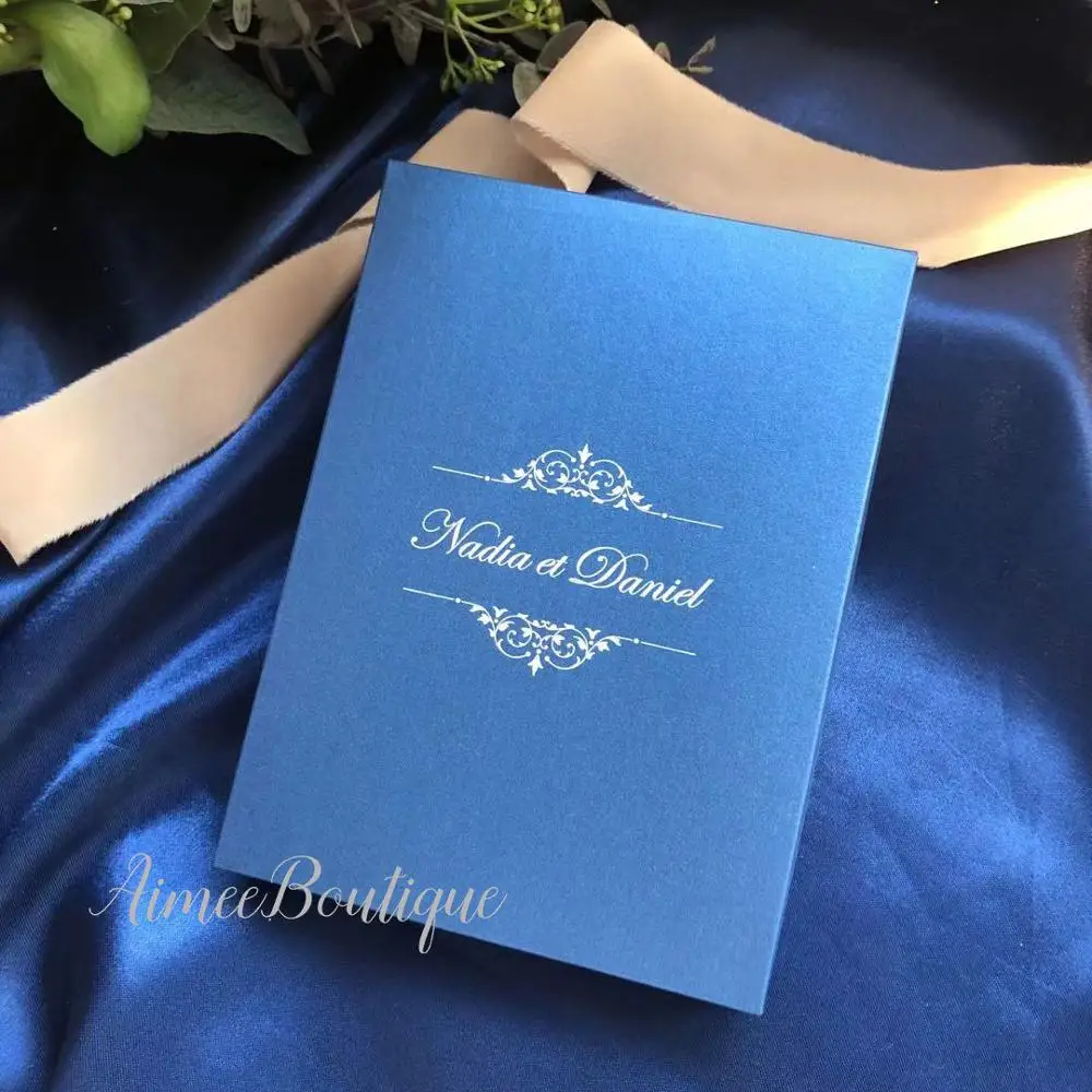  2020 white print clear acrylic wedding invitation with leaves design with blue box - 4.00047E+12