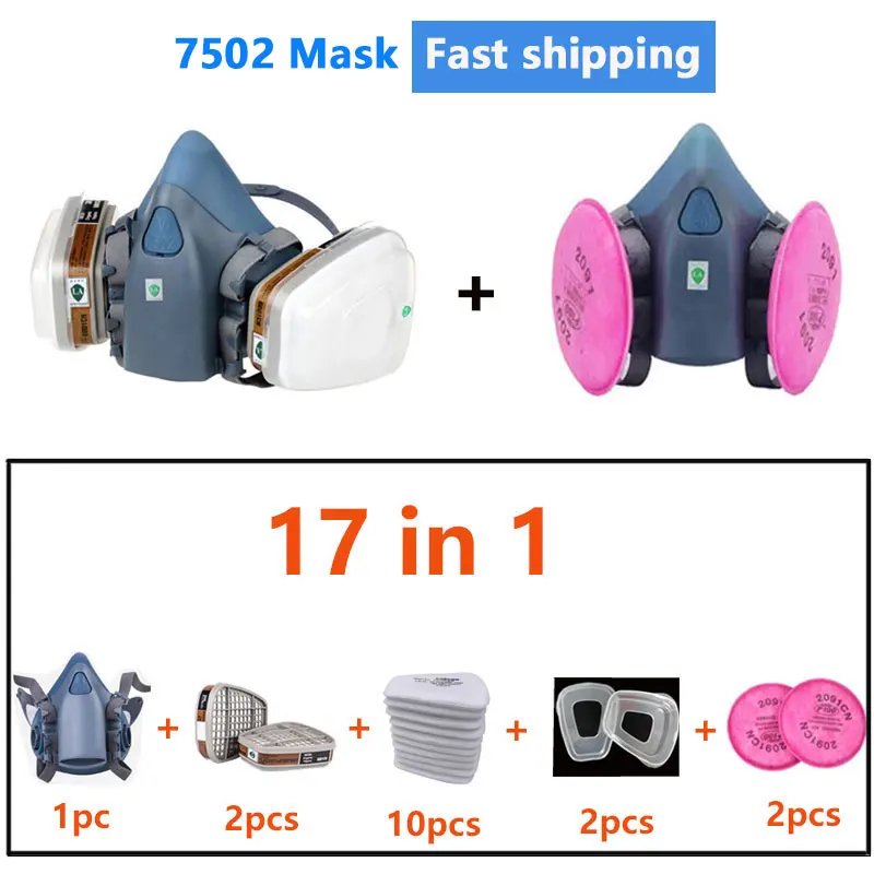 

Fast Shipping 17 in1 Half Mask Dust Gas Mask 7502 Respirator Chemical Paint Spray Pesticide Filter Widely Use Protection