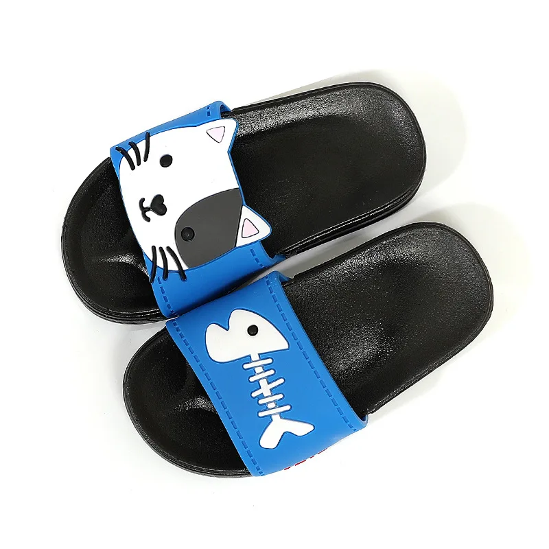 Black Blue Детские пляжные тапочки с изображением котенка и рыбы; детская обувь для мальчиков и девочек; нескользящие сандалии; домашняя обувь на мягкой подошве - Цвет: Black Blue