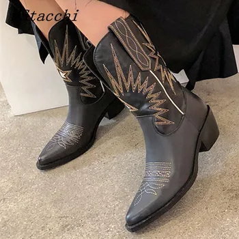 

MStacchi Women Botas Fashion Retro Western Boots Mujer Square High Heels Autumn Winter Boots Woman Pointed Toe Motorcycle Shoes