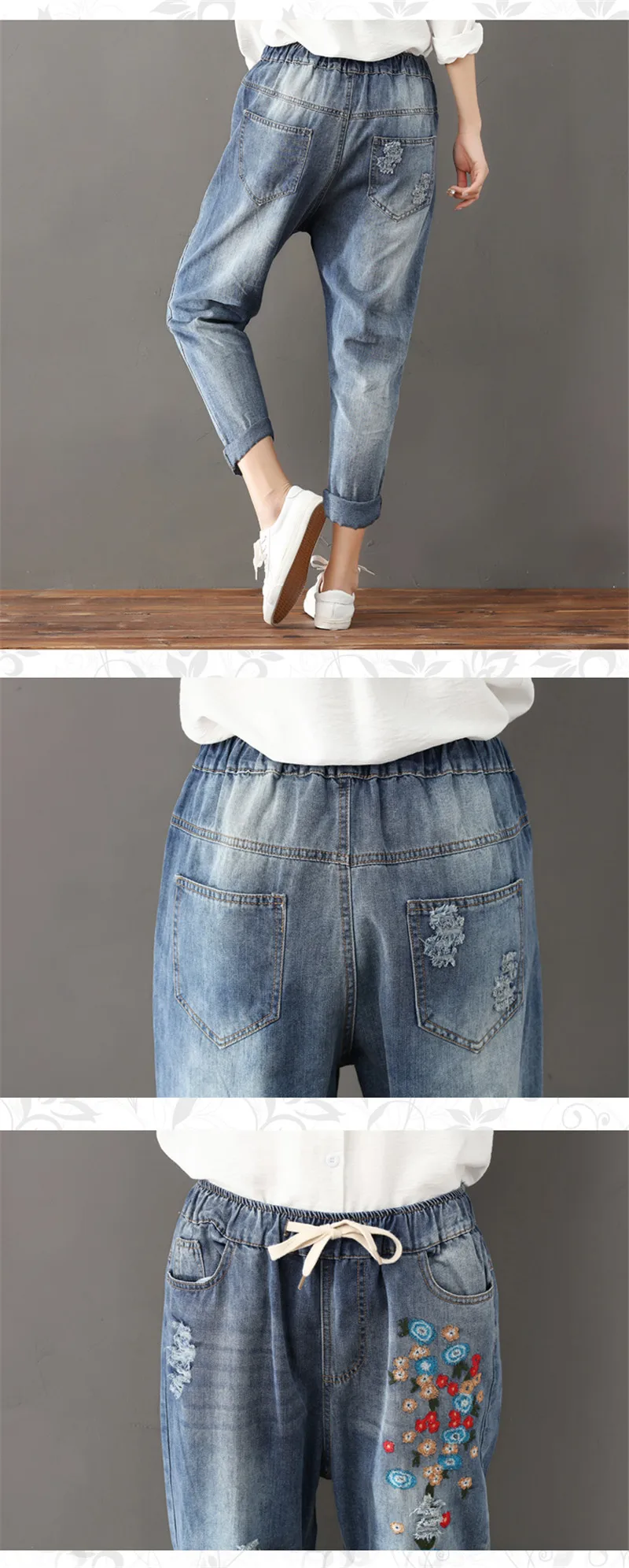 Винтажные женские джинсы на шнуровке с вышивкой размера плюс, повседневные джинсовые штаны-шаровары, рваные джинсы для женщин, свободные женские джинсы, Femme C5213
