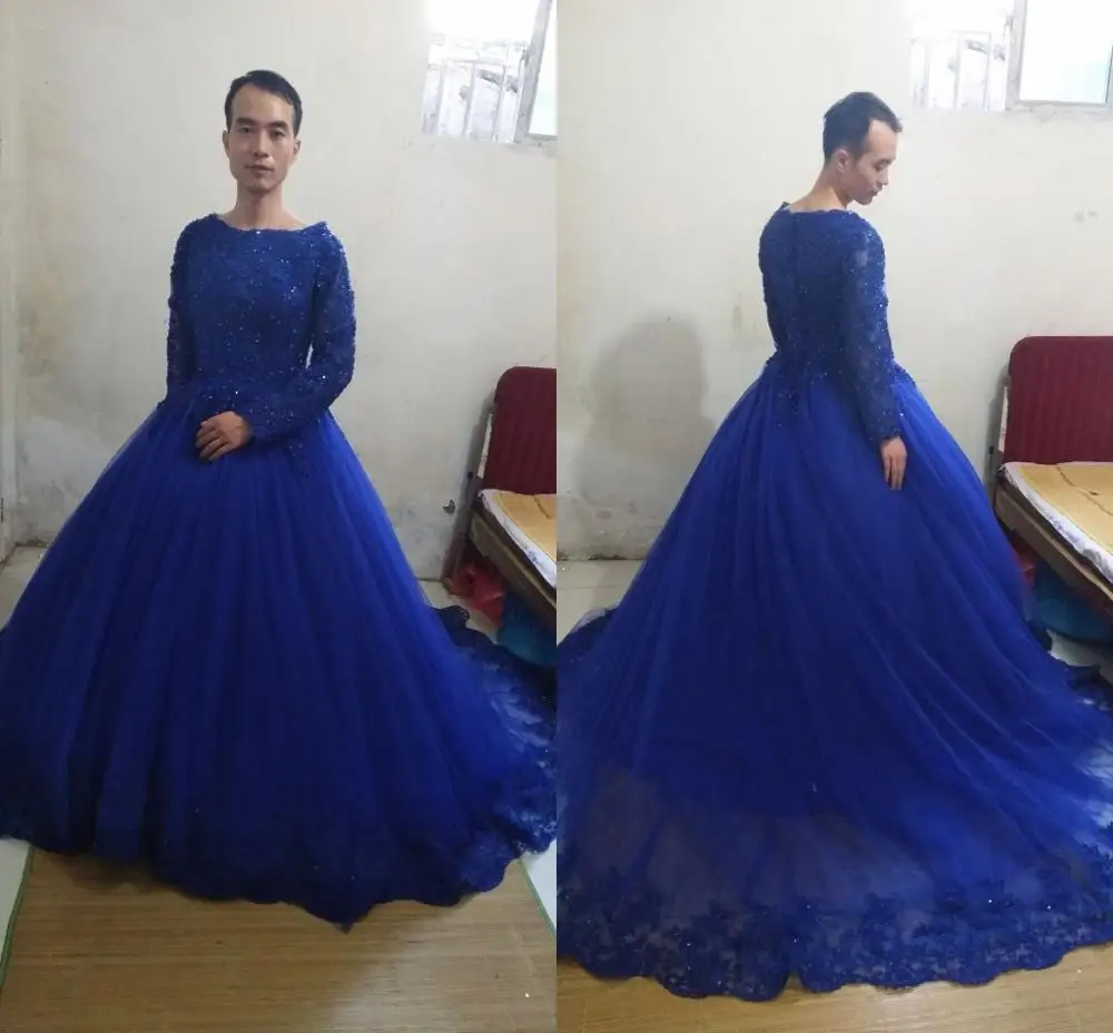 Vestido de festa Королевское синее бальное платье с длинными рукавами Выпускные платья мусульманское кружево с аппликацией и бисером принцесса Пышное Платье На Выпускной платья