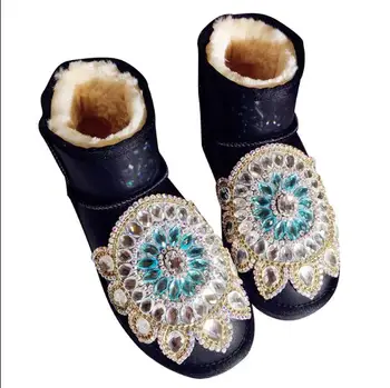 

Heavy industry rhinestone flat bottom increased sleeve short tube ladies cotton boots snow boots
