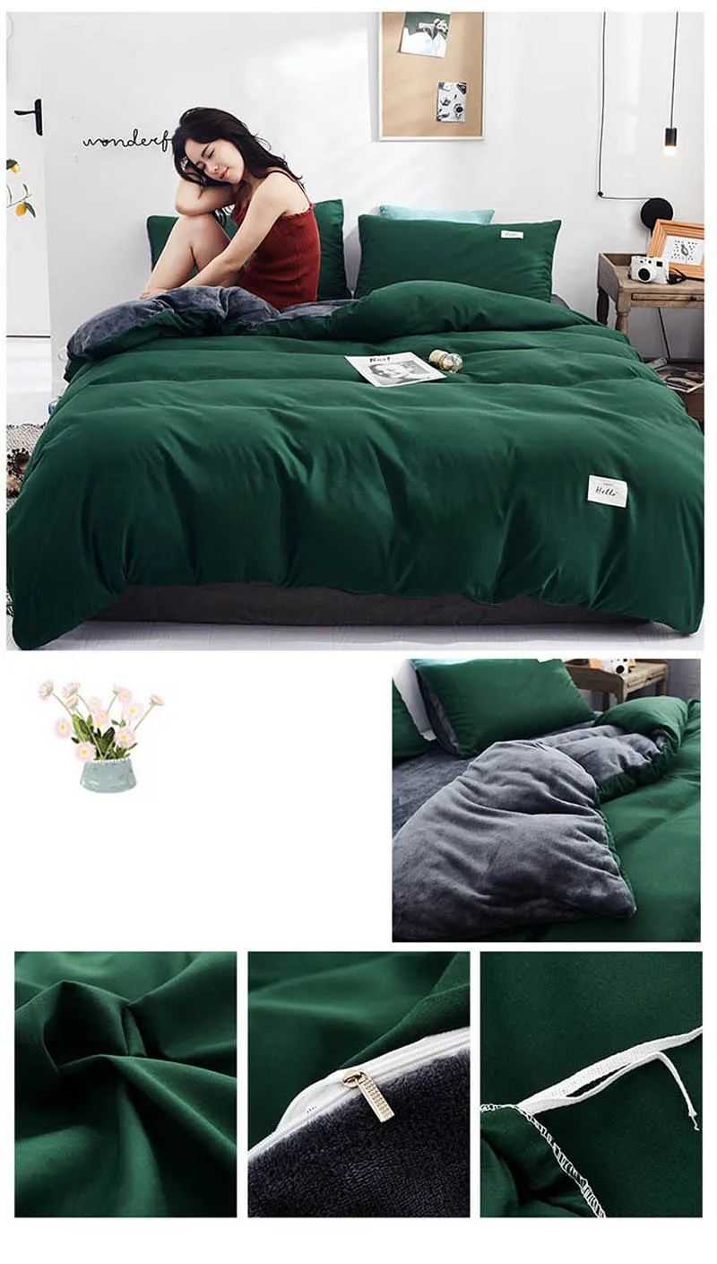 3pcs/4pcs Winter Warm Solid Color Yellow Grey Bedding Set Bed Sheet Quilt Cover and Pillowcases Set