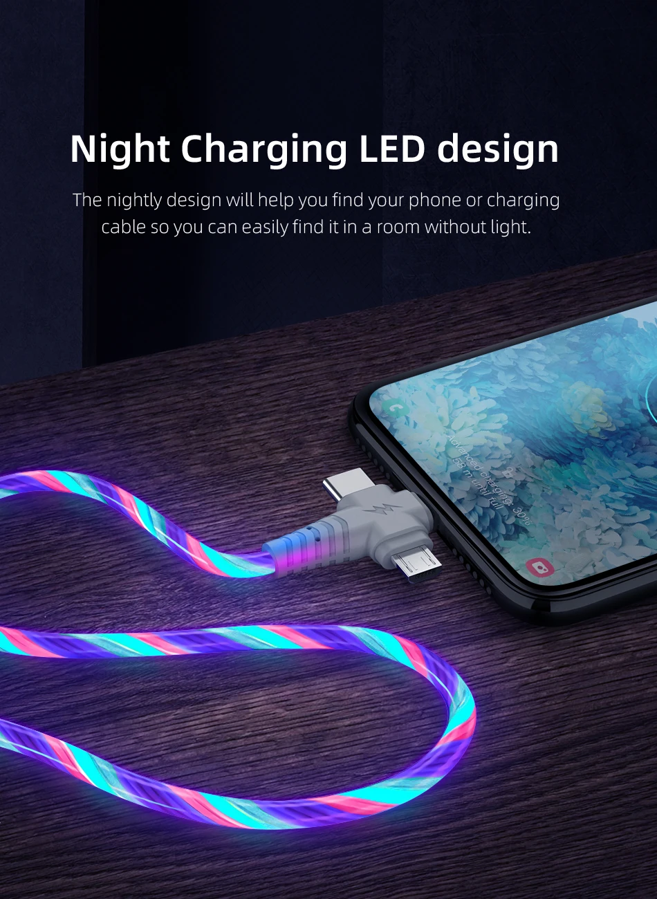 3 In 1 Flow Luminous USB Cable For Samsung LED Kable USB To Micro USB/Type C/8 Pin Charger Wire Cord For iPhone 13 12 Pro Xiaomi iphone cable