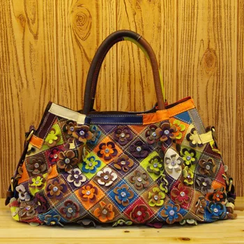 

Genuine Leather Package Personality Spelling Color Colourful Flower Spelling Color Portable Messenger Cowhide Woman Package